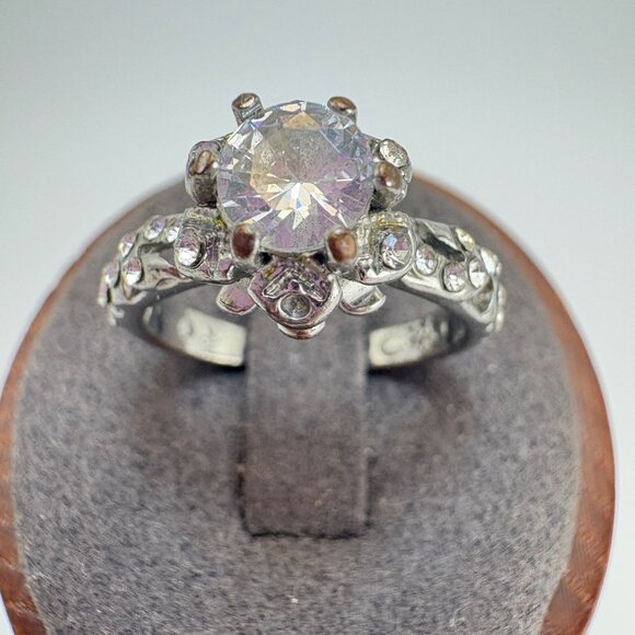 VTG Sterling Silver 925 Cubic Zirconia Fancy Border Prong Set Ring Size 8.25 - Picture 2 of 14